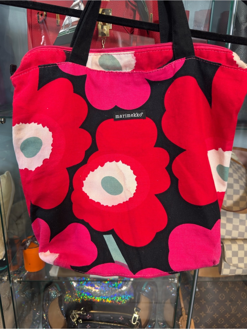 Marimekko Red and Pink Unikko Floral Canvas Tote